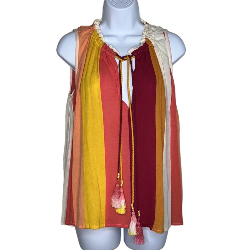 3 for $20 BANJARA Boho Striped Ruffle Neck Top Sleeveless Dip Dyed Tassel Red S